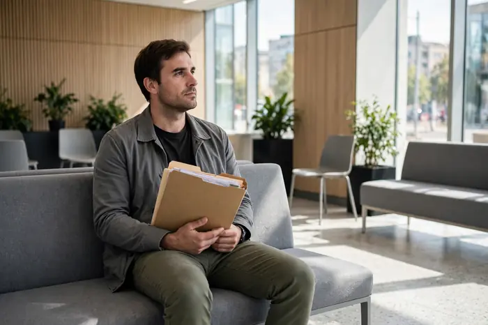 Persona en la oficina de empleo consultando su prestación con la calculadora paro