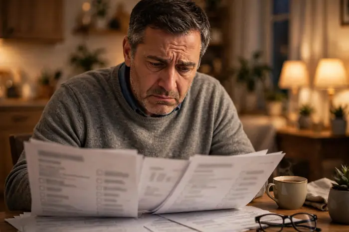 Trabajador preocupado revisando su prestación con la calculadora paro