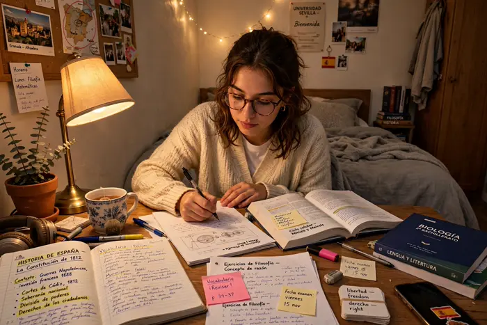 Estudiante española repasando apuntes con la calculadora nota pau al lado