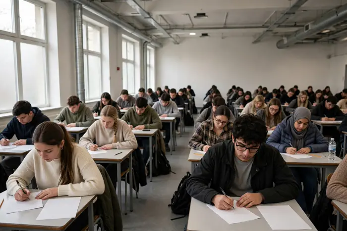 Alumnos haciendo el examen de la PAU en un aula con la calculadora nota pau como referencia