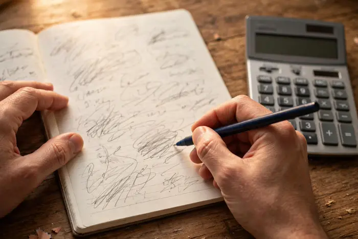 Manos calculando notas de corte con la calculadora nota pau sobre la mesa