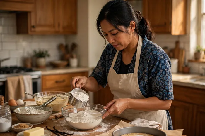 Ibu menakar bahan kue dengan kalkulator pecahan di dapur
