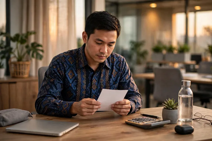 Karyawan memeriksa slip gaji dengan kalkulator pph 21