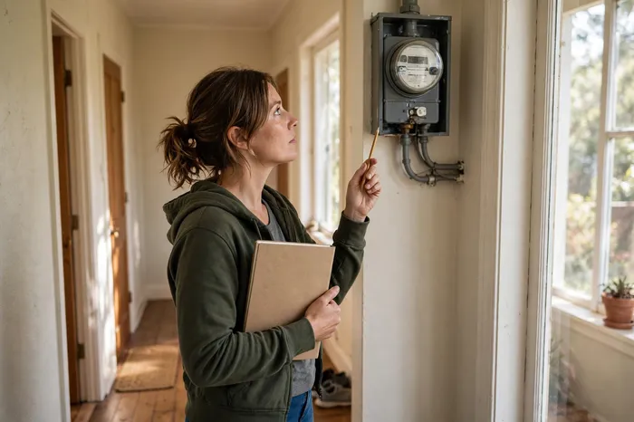 Kobieta sprawdza licznik energii elektrycznej z kalkulator zużycia prądu