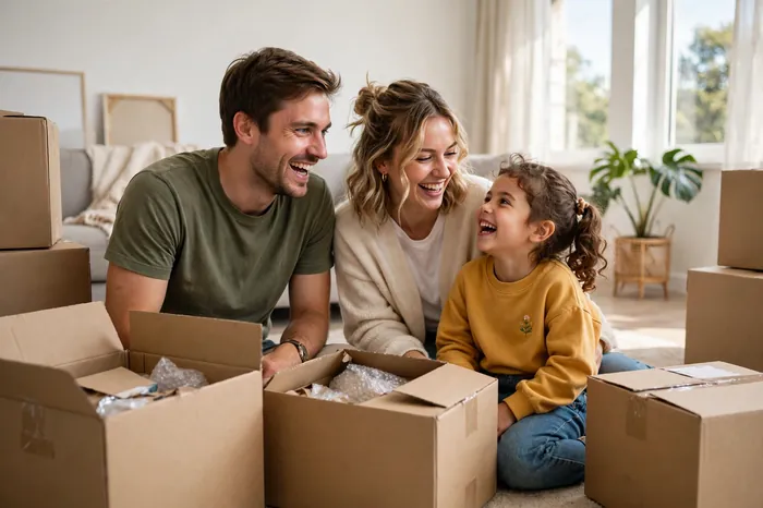 Famille heureuse dans sa nouvelle maison après calculatrice pret immobilier