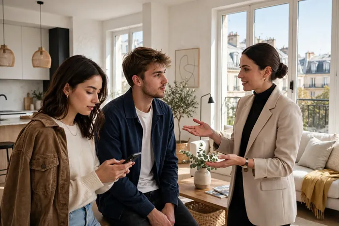 Couple visitant un appartement avec calculatrice pret immobilier sur le téléphone