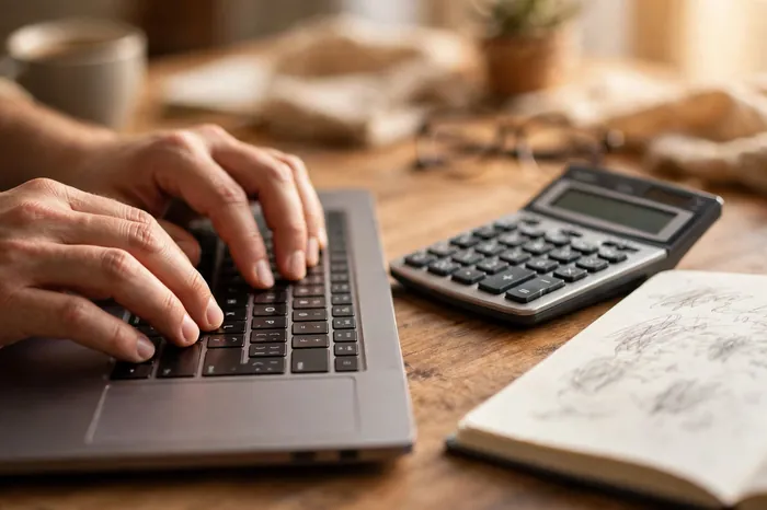 Mains calculant une mensualité de crédit sur un ordinateur avec calculatrice pret immobilier