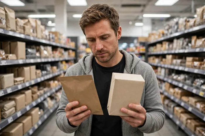 Mann vergleicht Preise im Supermarkt mit Prozentrechnung Taschenrechner