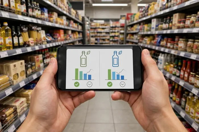 Mãos usando celular com calculadora regra de 3 para compras no mercado