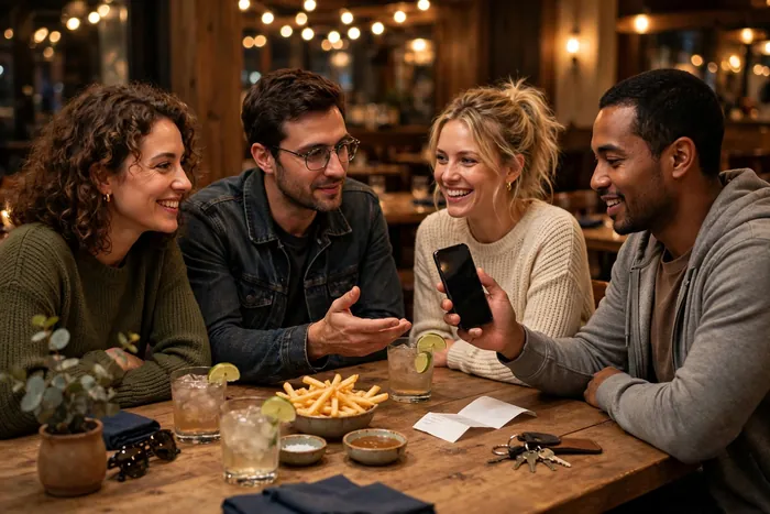 Vrienden delen de restaurantrekening met rekenmachine online gratis