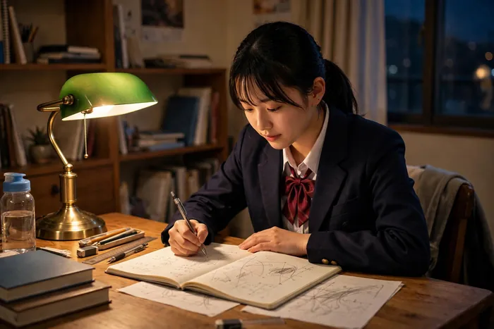 数学の問題を解く学生と連立方程式計算機