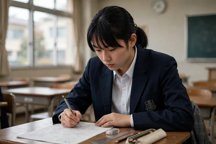 ルート計算機を使った試験対策をする学生