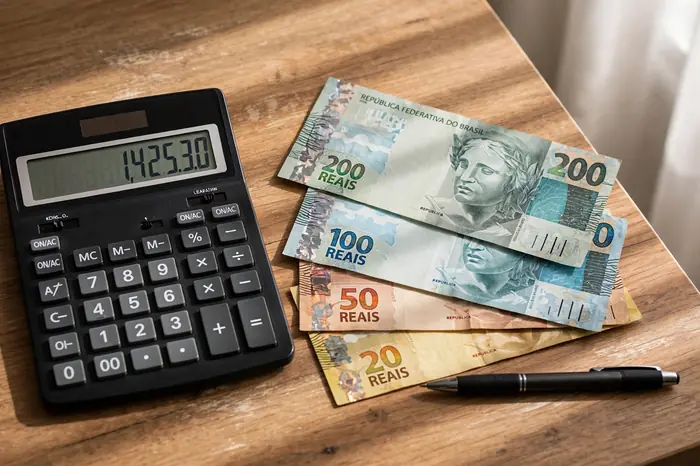 Mãos usando calculadora com notas de real: simule na calculadora salário líquido