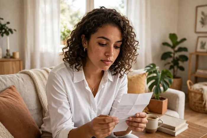 Trabalhadora brasileira conferindo o contracheque em casa com a calculadora salário líquido