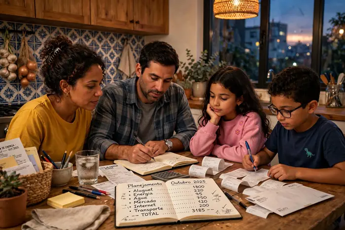 Família brasileira planejando o orçamento com a calculadora salário líquido