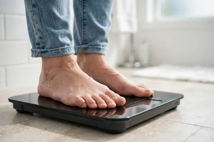 شخص يتابع وزنه على الميزان بعد استخدام حاسبة السعرات الحرارية