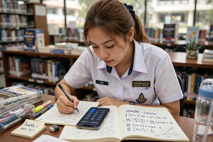 นักศึกษาไทยทบทวนคณิตศาสตร์ด้วยเครื่องคิดเลขวิทยาศาสตร์ในโทรศัพท์