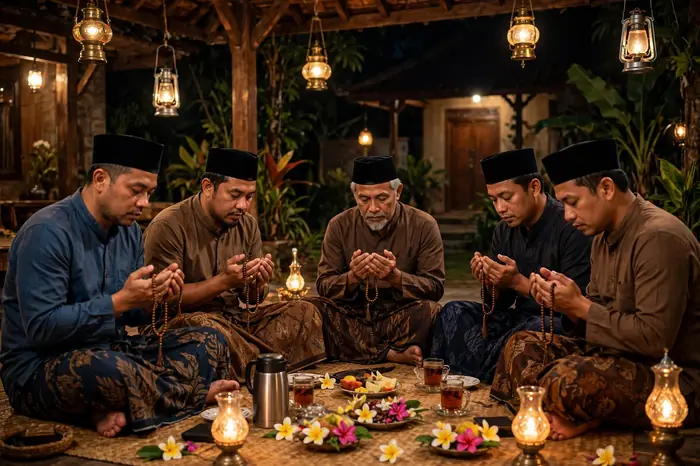 Suasana tahlilan keluarga malam hari sesuai jadwal kalkulator menghitung selamatan orang meninggal