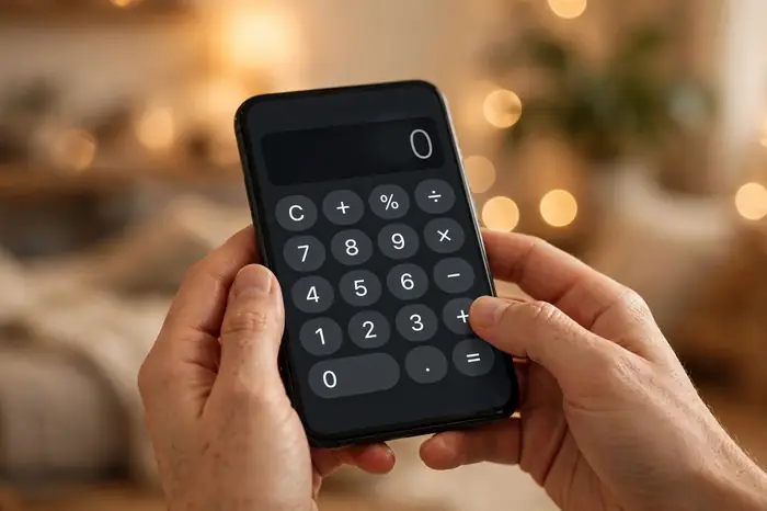Rankos su išmaniuoju telefonu — skaičiuotuvas kasdieniams skaičiavimams