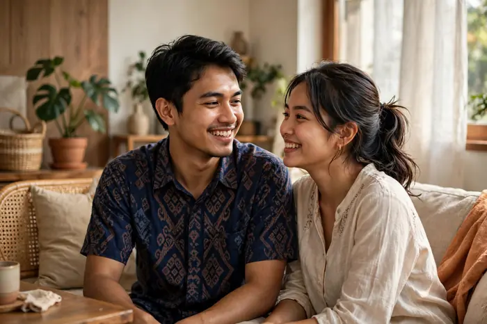 Pasangan Indonesia bahagia di rumah — kalkulator masa subur untuk program hamil
