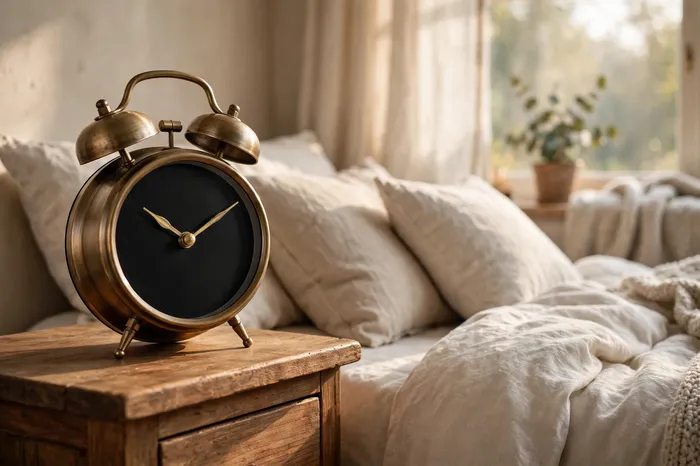 Despertador junto a la cama y calculadora de sueño