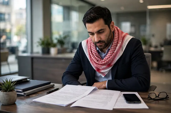 رجل يراجع عقد تمويل مع حاسبة التمويل الشخصي على الهاتف