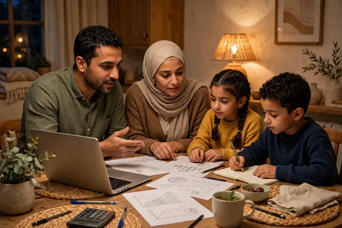 عائلة تخطط ميزانيتها الشهرية مع حاسبة التمويل الشخصي