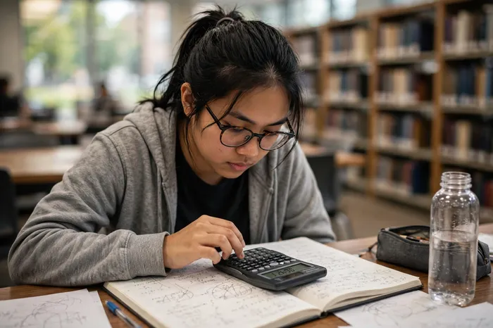 Student löst Matheaufgaben mit wissenschaftlicher Taschenrechner