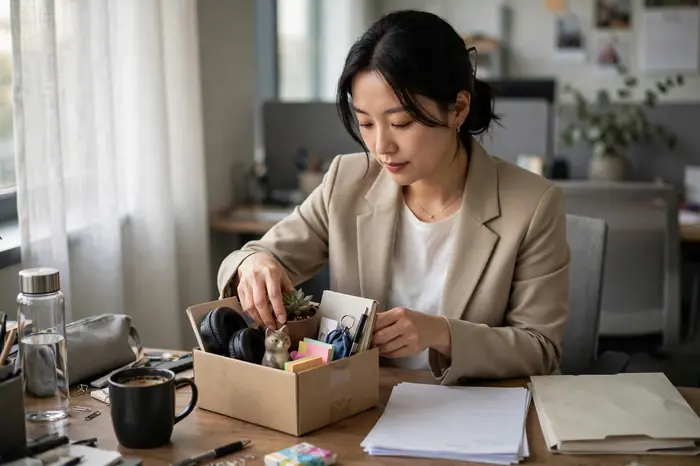 퇴사 서류를 정리하며 퇴직금 계산기로 예상 수령액을 확인하는 직장인