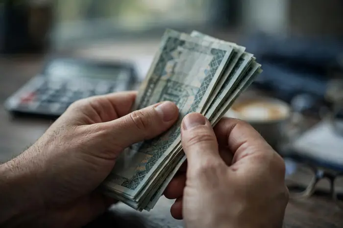 Dłonie trzymające banknoty — wypłata wyliczona dzięki narzędziu kalkulator wynagrodzenia